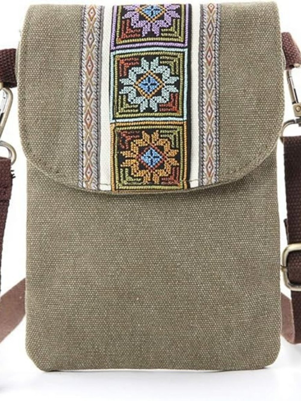 NEW Embroidered Canvas Flip Crossbody Bag‎ Cell Phone Pouch Wristlet Coin Purse